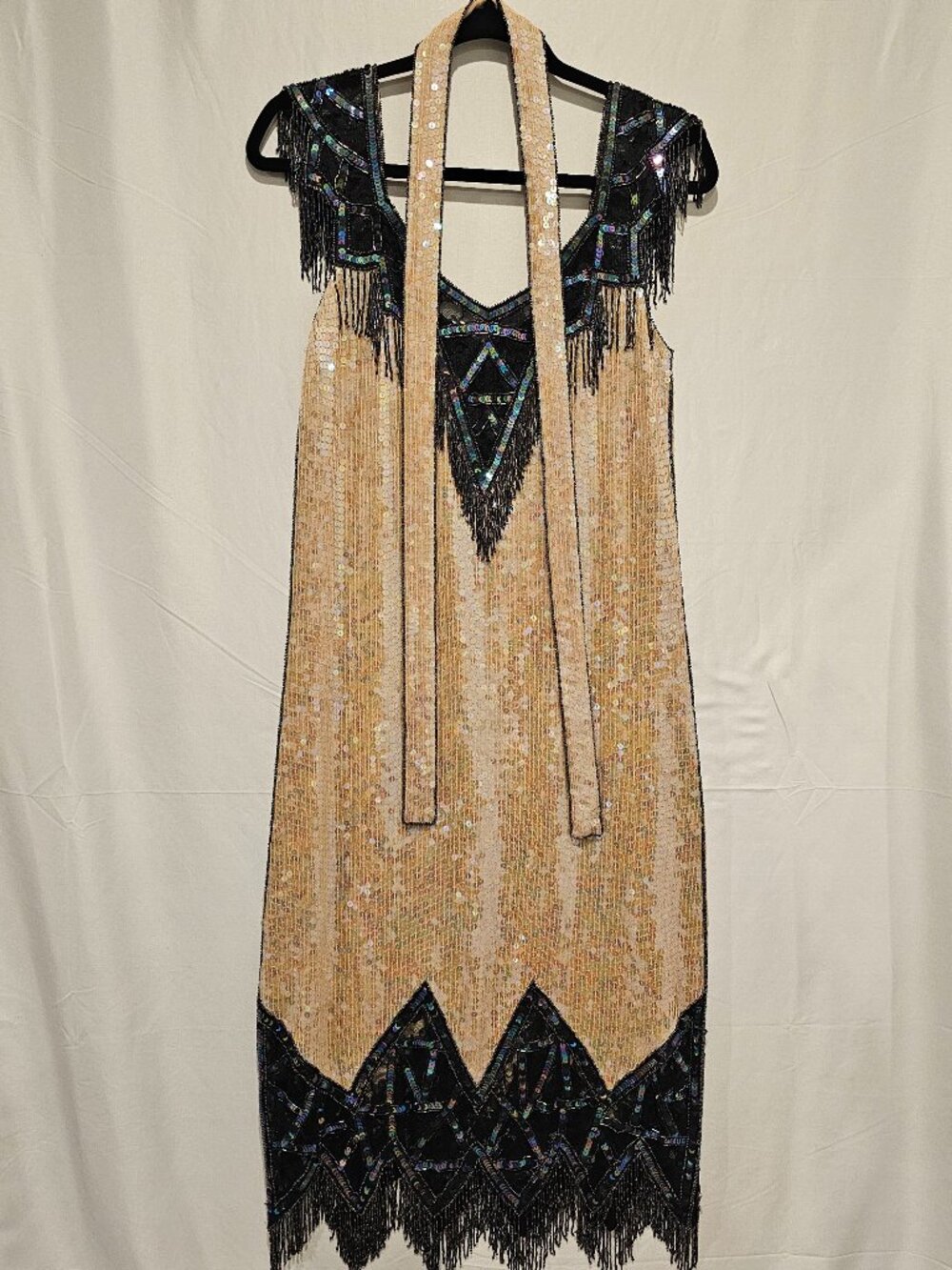 Vintage Sister Max Black Cream Beaded Sequin Dress Scarf Women's Sz S Party